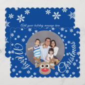 フォトクリスマスブルーかわいいトナカイの白いスクリプト シーズンカード (正面/裏面)