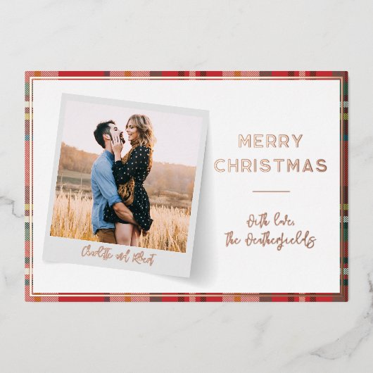 フォトクリスマスホリデーズスクリプトボタニカルシルバー 箔シーズンカード (正面)