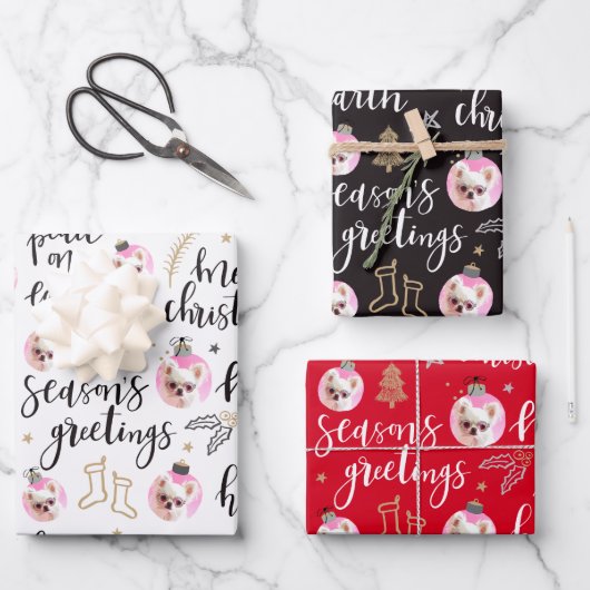 フォトクリスマスホリデーフレーズ品種パック ラッピングペーパーシート (正面)