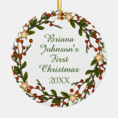 フォトクリスマスリースベビー初めてのクリスマスセラ セラミックオーナメント (正面)