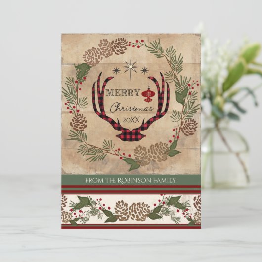 フォトクリスマ素朴スウッドロッジディアー〔雄ジカの〕枝角 シーズンカード (スタンド正面)