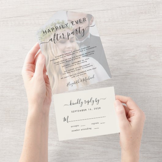 フォトクリームウェディングレセプションの後ずっと幸せに オールインワン招待状 (貼ってはがせる)