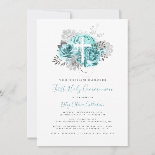 フォトクロスアクアシルバーフローラファーストコミュニオン 招待状 (正面)