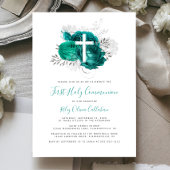 フォトクロスティール（緑がかった色）シルバーフローラファーストコミュニオン 招待状