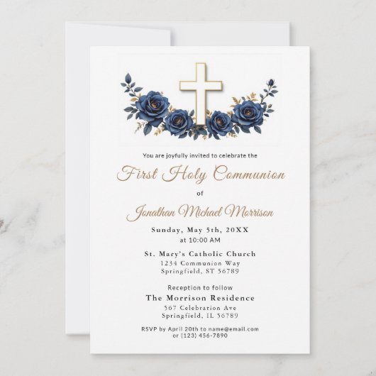フォトクロスネイビーブルー金ゴールドフローラファーストコミュニオン 招待状 (正面)