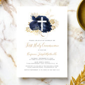 フォトクロスネイビーブルー金ゴールドフローラファーストコミュニオン 招待状