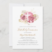 フォトクロスピンク金ゴールドフローラファーストコミュニオン 招待状 (正面)