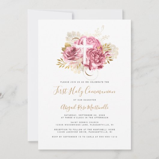 フォトクロスピンク金ゴールドフローラファーストコミュニオン 招待状 (正面)
