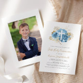 フォトクロスブルー金ゴールドフローラファーストコミュニオン 招待状