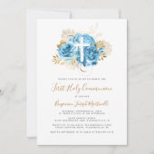 フォトクロスブルー金ゴールドフローラファーストコミュニオン 招待状 (正面)