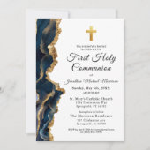 フォトクロス ネイビーブルー ゴールド 初領聖体 招待状 (正面)