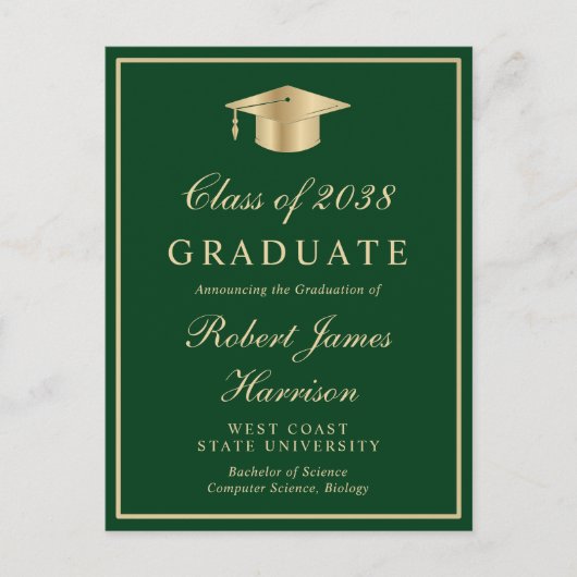 フォトグエレガントリーン金ゴールド大学の卒業パーティー インビテーションポストカード (正面)