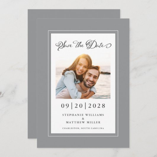 フォトグエレガントレーホワイト日付の保存婚約 セーブザデート (正面/裏面)