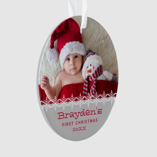 フォトグパーソナライズされたレーレッドベビーの初めてのクリスマス オーナメント (正面)