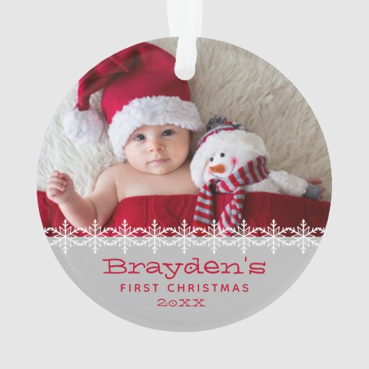 フォトグパーソナライズされたレーレッドベビーの初めてのクリスマス オーナメント (裏面)