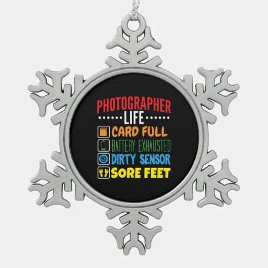 フォトグラファーおもしろいライフのチェックリスト スノーフレークピューターオーナメント (正面)