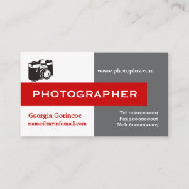 フォトグラファーのグレー、白、赤い目を引く 名刺