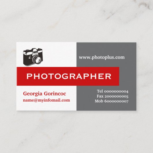フォトグラファーのグレー、白、赤い目を引く 名刺 (正面)