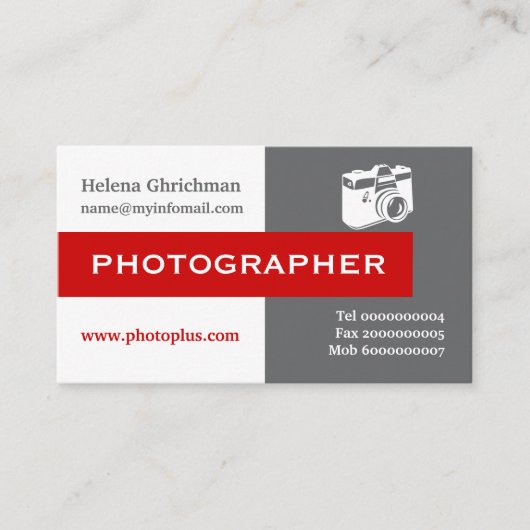 フォトグラファーのグレー、白、赤い目を引く 名刺 (正面)