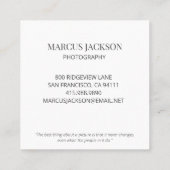 フォトグラファーエレガントホワイトタイポグラフィオン写真 スクエア名刺 (裏面)