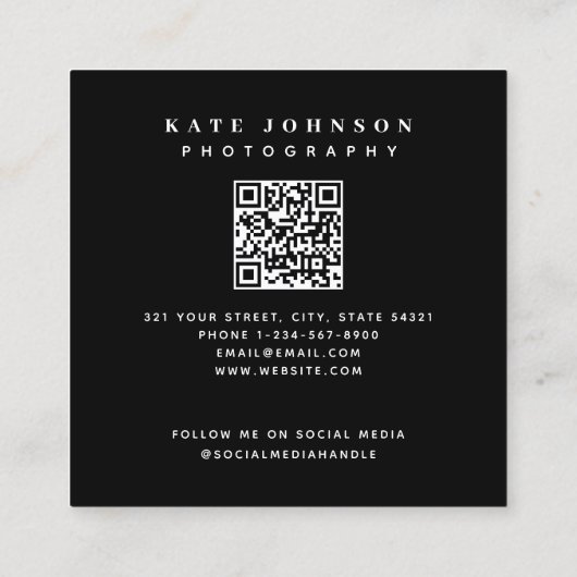 フォトグラファースタイリッシュフォトQRコードソーシャルメディア スクエア名刺 (裏面)