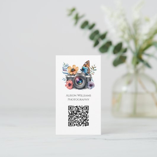 フォトグラファーフローラバタフライカメラ水彩QR 名刺 (スタンド正面)