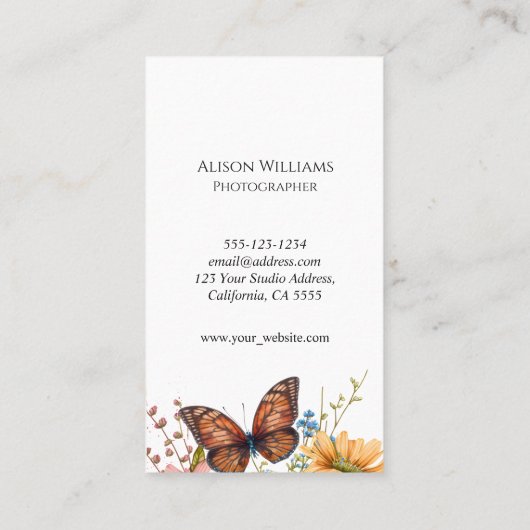 フォトグラファーフローラバタフライカメラ水彩QR 名刺 (裏面)