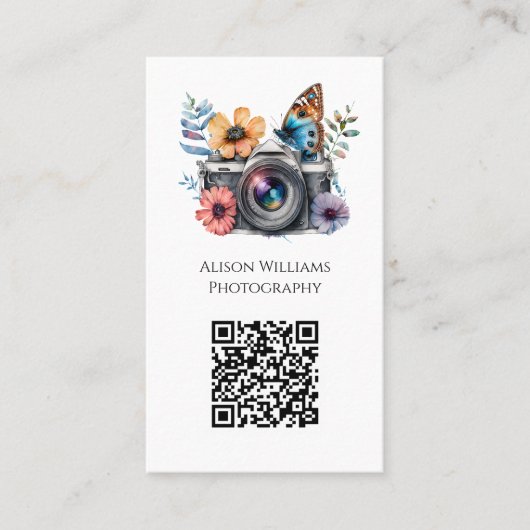 フォトグラファーフローラバタフライカメラ水彩QR 名刺 (正面)