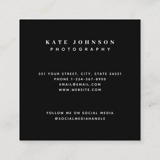 フォトグラファーミニマルフォトQRコードソーシャルメディア スクエア名刺 (裏面)