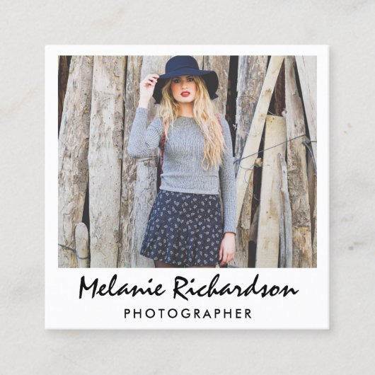 フォトグラファーモダンインスタントカメラスタイルスクリプト スクエア名刺 (正面)
