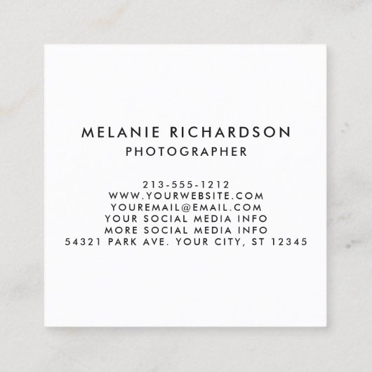 フォトグラファーモダンインスタントカメラスタイルスクリプト スクエア名刺 (裏面)