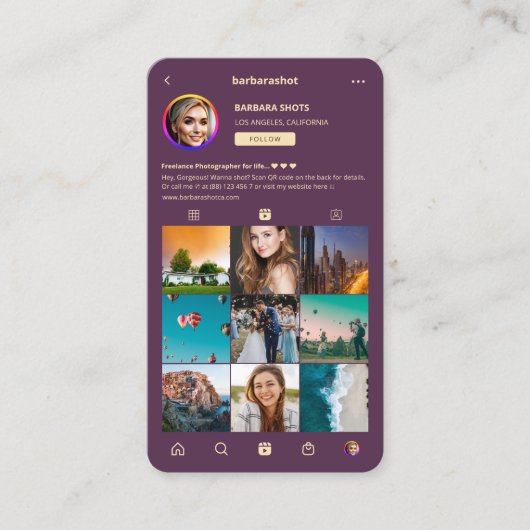 フォトグラファーモダングラグジュアリーパープルインスタグラムグリッド 名刺 (正面)