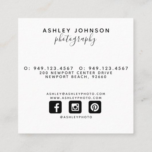 フォトグラファーモダンスクリプトSocial Media写真 スクエア名刺 (裏面)