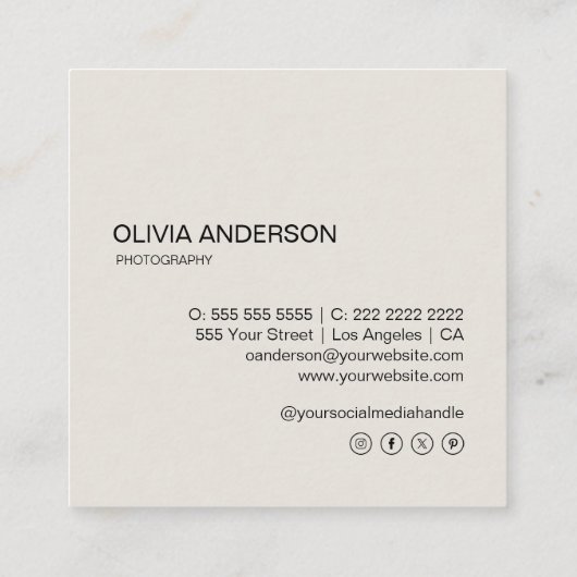 フォトグラファーモダンフォトQRコードニュートラルトーン スクエア名刺 (裏面)