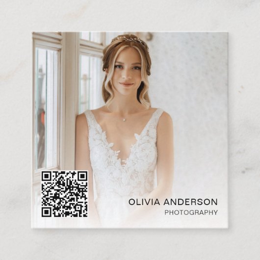 フォトグラファーモダンフォトQRコードニュートラルトーン スクエア名刺 (正面)