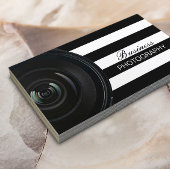 フォトグラファーモダンブラック&ホワイトストライプカメラ 名刺