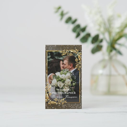 フォトグラファーモダンブラック&金ゴールド写真 名刺 (スタンド正面)