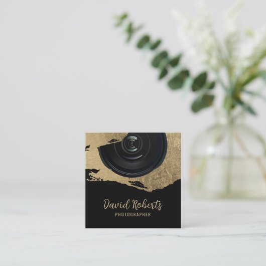 フォトグラファーモダン金ゴールドブラシストローク撮影 スクエア名刺 (スタンド正面)