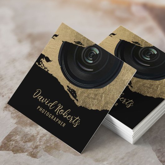 フォトグラファーモダン金ゴールドブラシストローク撮影 スクエア名刺