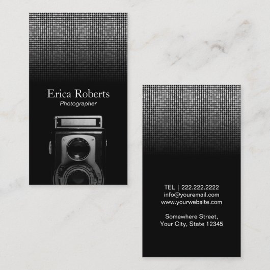 フォトグラファーヴィンテージカメラモダンシルバーシークイン 名刺 (正面/裏面)