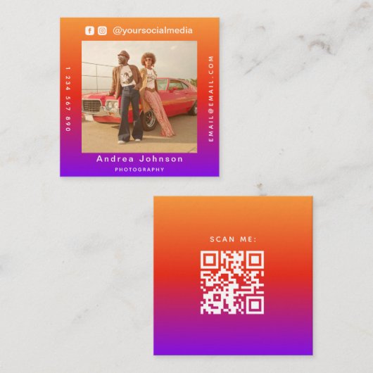 フォトグラファー写真ソーシャルメディアとQRコードモダン スクエア名刺 (正面/裏面)