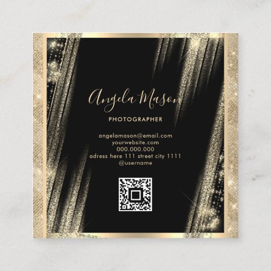 フォトグラファー写真QRコードブラック金ゴールド ユニーク スクエア名刺 (裏面)