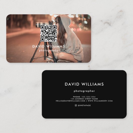 フォトグラファー写真QRコードプロフェッショナルブラック 名刺 (正面/裏面)