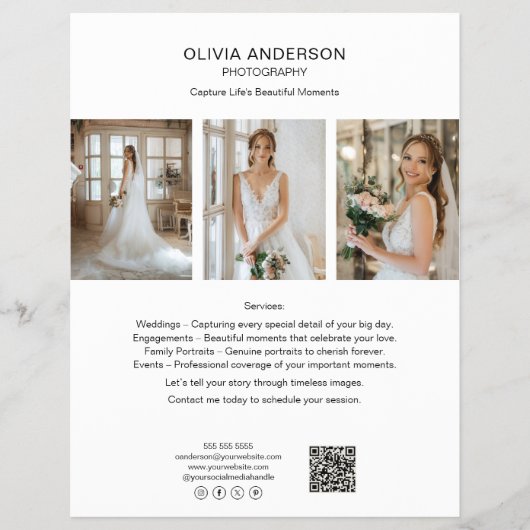 フォトグラファー写真QRソーシャルメディアホワイトビジネス チラシ (正面)