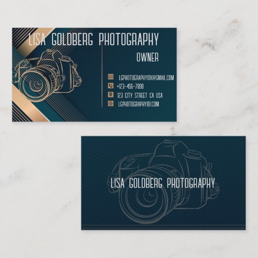 フォトグラファー名刺ティール（緑がかった色）、金ゴールドカスタマイズ 名刺 (正面/裏面)