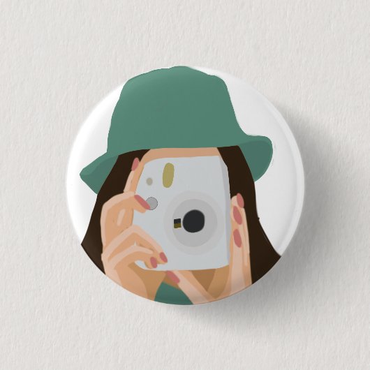 フォトグラファー女の子トートバッグ図解入りの、写真付きの- Dark-Hair 缶バッジ (正面)