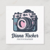 フォトグラファー用ピンクブルーレトロチャームカメラ スクエア名刺 (正面)