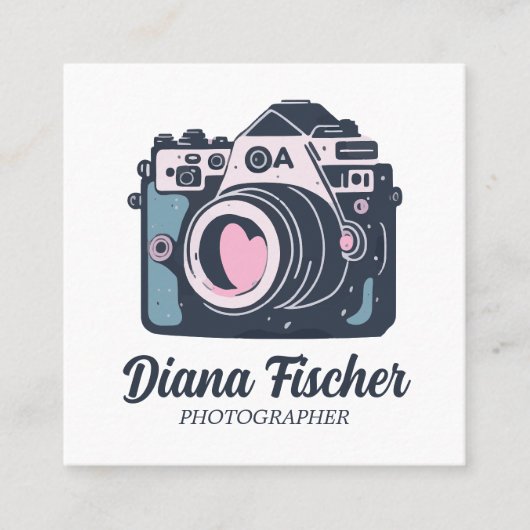 フォトグラファー用ピンクブルーレトロチャームカメラ スクエア名刺 (正面)
