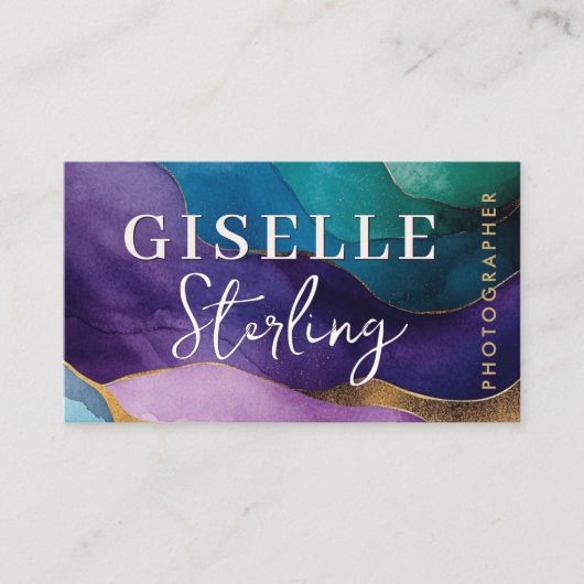 フォトグラファー紫モダン金ゴールド水彩 名刺 (正面)