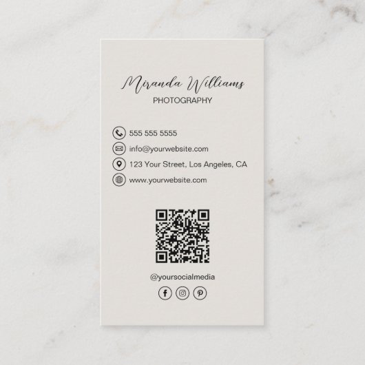 フォトグラファー2写真QRソーシャルメディアニュートラル 名刺 (裏面)